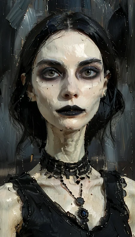 positiv Clip L:
 an award-winning close-up, face, skinny, Gothic, woman, an award-winning
positiv Clip G:
 an award-winning an impressive close-up of the face of a skinny Gothic woman that captivates the viewer. Her pale, porcelain-like skin appears almost supernatural, while her dark eyes exude depth and penetration , an award-winning