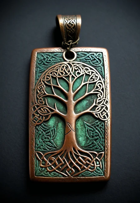score_9, score_8_up, score_7_up, score_6_up, ((highly realistic, highly detailed, intricate details, photorealistic, photography, photo)), ((high quality:1.4, best quality:1.5)), ((full view, pov from above)), view of an antique amulet exposed in an museum, the antique amulet have an rectangular shape, the antique amulet is entierly made of old bronze with and aged copper inlay, the aged copper inlay have a green patina, the antique amulet come from old Celt civilisation, embossed antique amulet, the embossing represent a celtic tree of life, (sharp shadow, dim light, low light, dramatic light), fixl-art