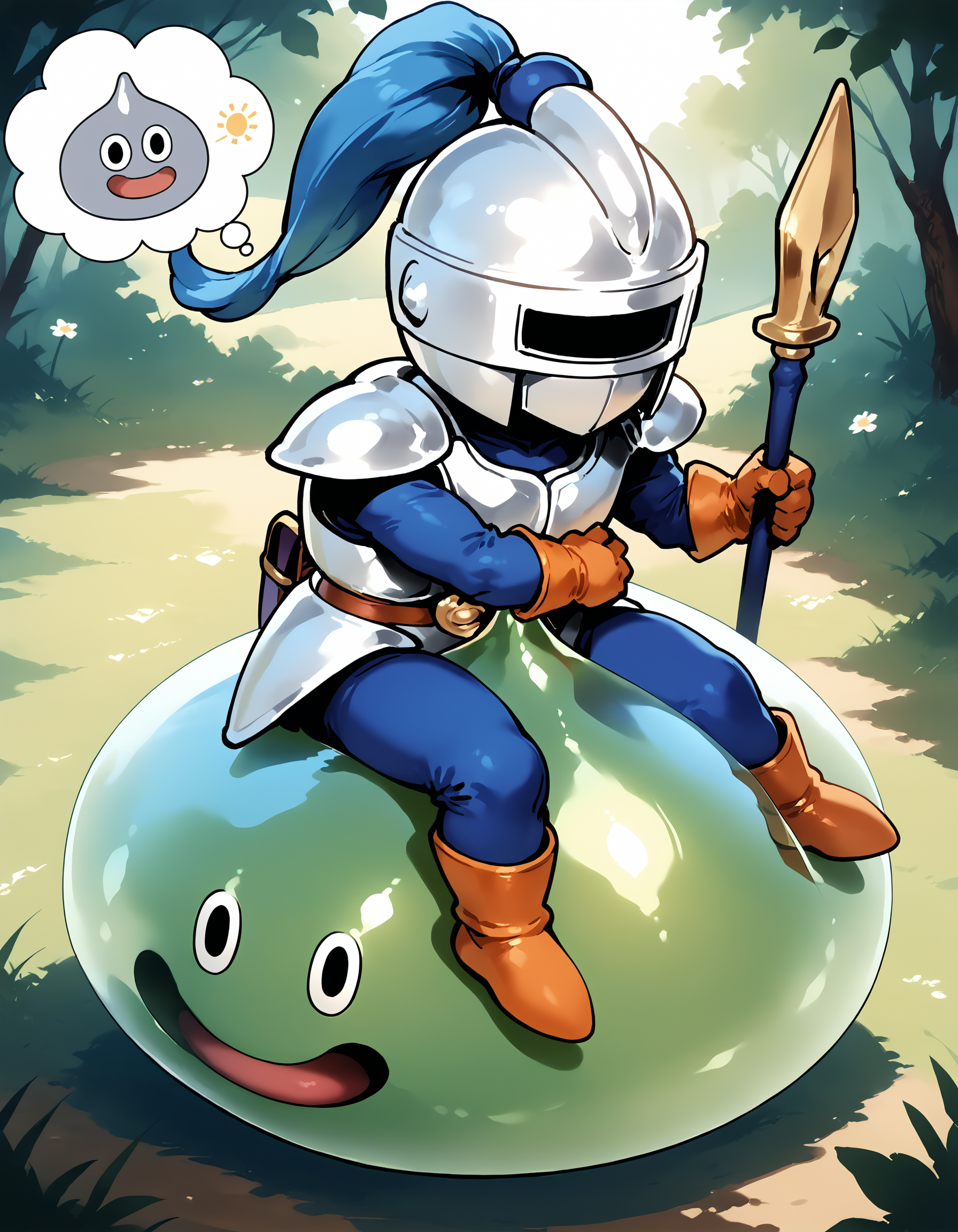 zPDXL3,nature,field,<lora:Pony_DetailV2.0:1>,
slime knight,slime_(dragon_quest),armor,helmet,knight,riding,green skin,<lora:slime knight-v4-pony:1>,thinking,thinking emoji,thought bubble,arm_hug,polearm,