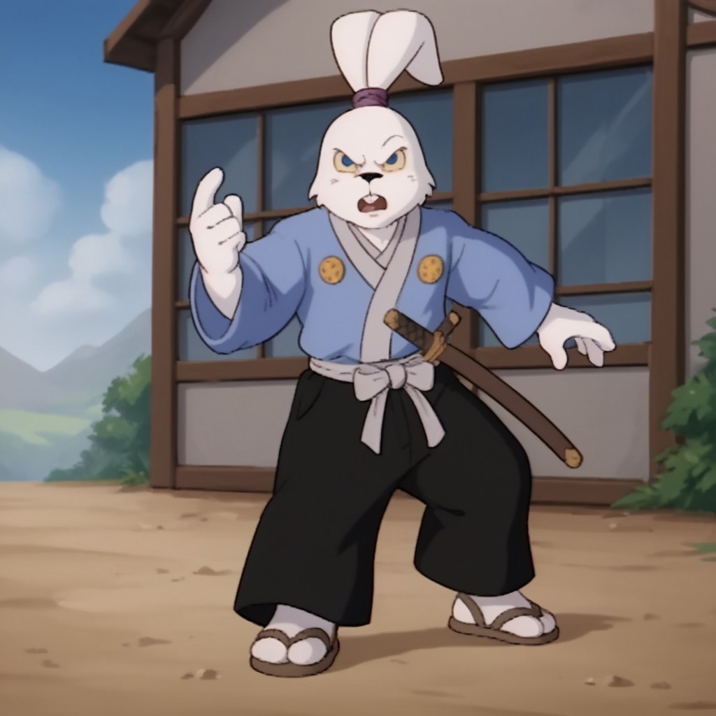 score_9, score_8_up, score_7_up, score_6_up, score_5_up, score_4_up, source_furry, Usagitmnt, anthro, male, rabbit, white fur, rabbit ears, buck teeth, blue eyes, yellow sclera, blue shirt, long sleeves, black pants, ears tied, topknot, purple hairband, socks, sandals, standing, outside, holding, katana, fighting stance