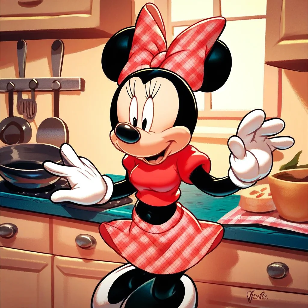score_9, score_8_up, score_7_up, score_6_up, score_5_up, score_4_up, best quality, masterpiece, cartoon, Minnie Mouse, female, mouse, anthro, mouse ears, red shirt, navel, medium breasts, skirt, bow, white gloves, kitchen