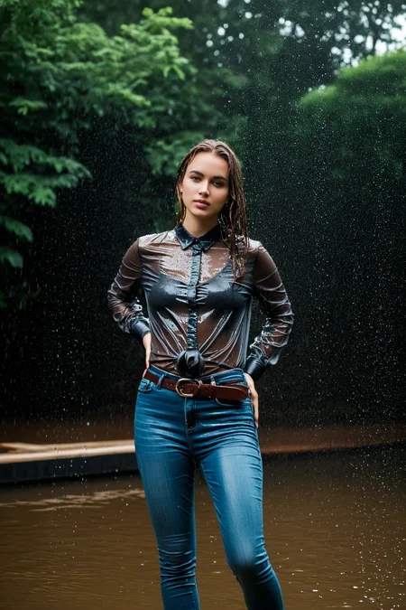 wetgirl, standing in the rain, water drop, wet hair, wet silk shirt, shirt tucked into skinny jeans, belt, looking at viewer, photographed on a Fujifilm XT3, 80mm F/1.7 prime lens, cinematic film still, cinestill 500T, highly detailed, masterpiece, highest quality, intricately detailed, HDR, 8k, uhd, photorealistic, <lora:wetgirl_v2:0.75>
