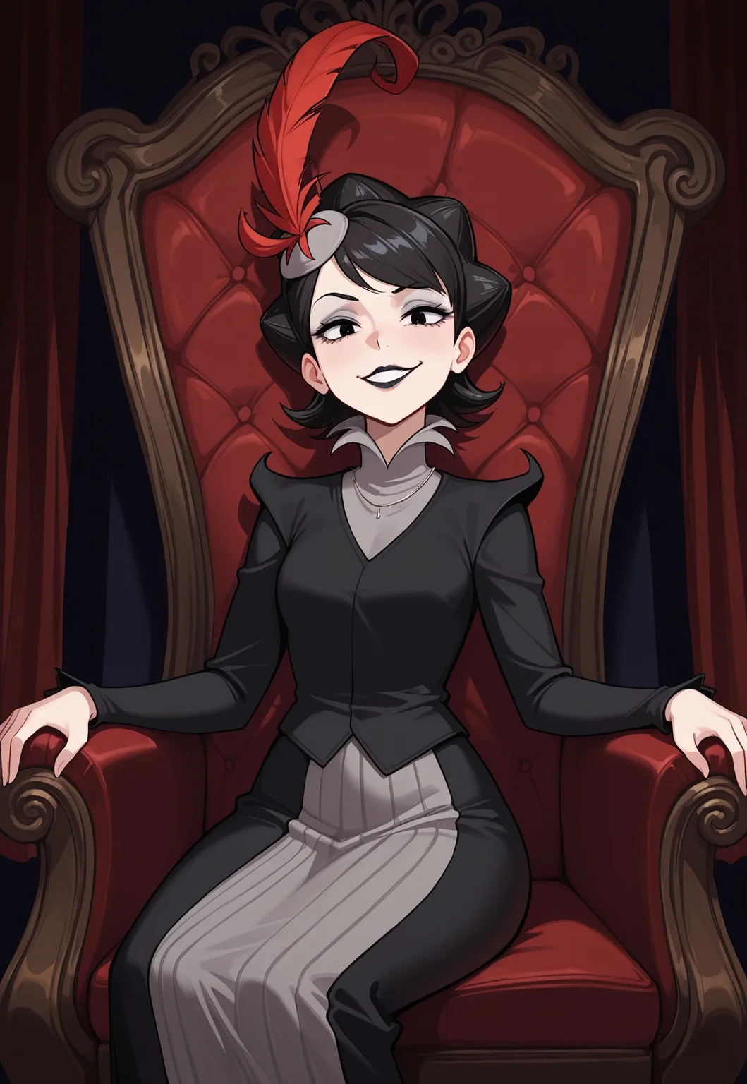 masterpiece, best quality, amazing quality, very aesthetic, absurdres, 1girl, solo, female focus, black hair, short hair, flipped hair, black eyes, small breasts,
DSTQueenC, mature female, official alternate costume, red feather hair ornament, grey eyeshadow, black lipstick, grey blouse, high collar, black jacket, two-tone skirt, sitting, throne, dark, red curtains, evil grin, looking at viewer, perspective