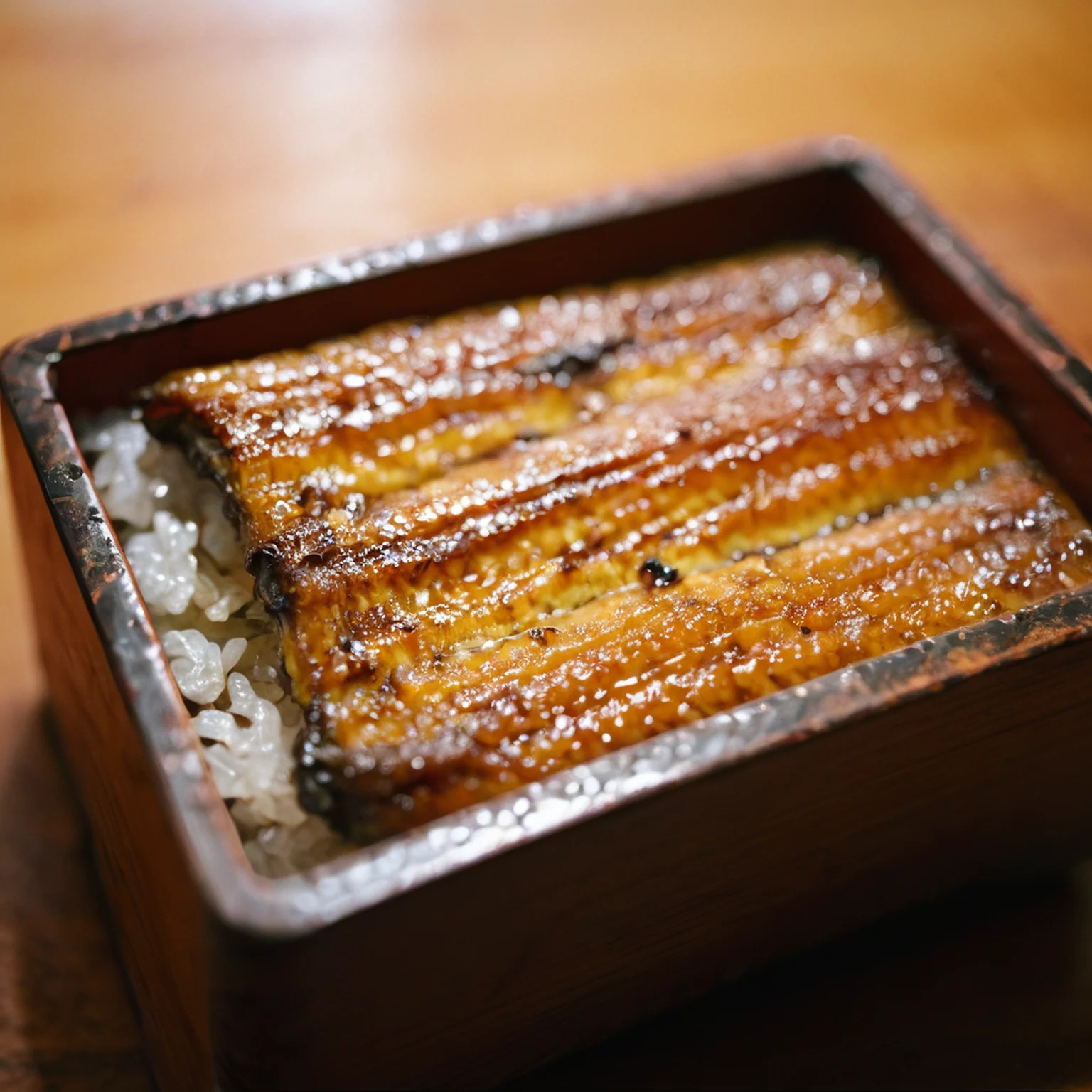 raw photography,film photography,film grain,close-up,unajyu on table,wood table,<lora:Unajyu:1>