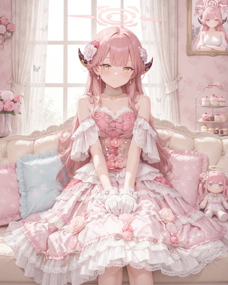 Positive: Masterpiece, best quality, amazing quality, very aesthetic, high resolution, ultra-detailed, absurdres,
1girl, solo,
zzAru, yellow eyes, pink hair, long hair, demon horns, halo,
tiered,lace,frills,bare shoulders,pink flower,rose,frilled dress,bow,jewelry,
lace gloves,white gloves,
choker,pearl necklace,
hair flower,hair ornament,
pastel colors, floral patterns, soft lighting, cozy bedding, butterfly decorations, dreamy curtains, plush toys, warm sunlight, romantic posters, comfortable cushions,
standing,cowboy_shot,sitting,