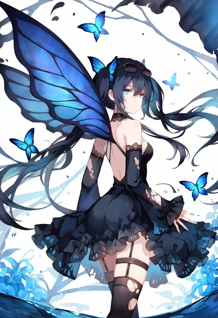1girl, 
butterfly hair ornament, solo, wings, insect wings, hair ornament, blue eyes, eyewear on head, butterfly wings, dress, thighhighs, flower, garter straps, looking at viewer, torn clothes, torn thighhighs, twintails, detached sleeves, black dress, sunglasses, blue flower, bare shoulders, black hair, long hair, ass, white background, hair between eyes, black thighhighs, water, blue nails, looking back, frills, butterfly, thigh strap, bug, nail polish, breasts, backless outfit, long sleeves, very awa hime,
masterpiece, best quality, newest, absurdres, highres, safe
 <lora:Dhiea1_noob1.1-000177:1>