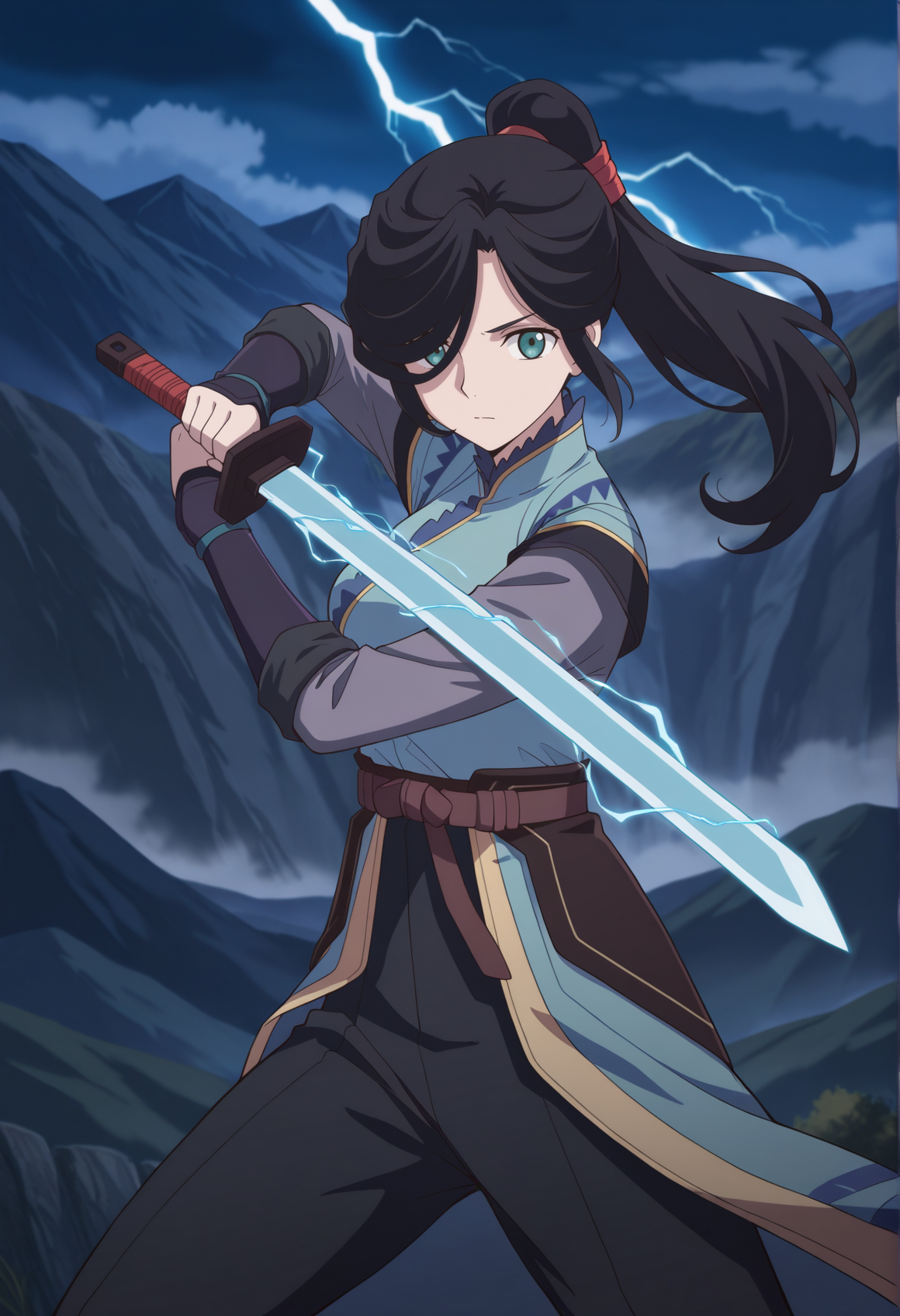 1girl, black hair, green yes, long hair, folded ponytail, hair over one eye, ponytail, solo, outdoors, valley, lightning, electricity, fighting stance, holding sword, wuxia, cowboy shot, looking at viewer,   <lora:Yin_ken_en_ken:1>, masterpiece, best quality, amazing quality, very aesthetic, absurdres, highres, newest