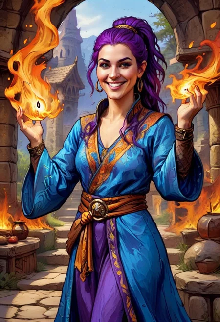 fantasy art, art, oil painting, digital painting, a medium color portrait illustration of an female purple-haired wizard with a ponytail wearing long loose flowing intricately embroidered blue caftan smiling, (casting a spell)masterpiece, best quality, highly detailed (dungeon background), mage_glam, pouches, belts, (large glowing runed circles), ((fire and ice)),  <lora:blackMageFashion_v11:0.5>, highly detailed face, ultra high resolution ,