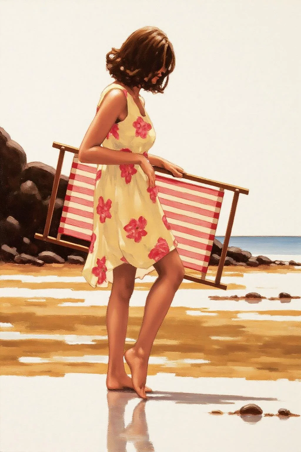 jackvettriano1 painting.
A woman walking barefoot on a wet, reflective surface at a beach. She is wearing a sleeveless yellow dress with a red floral pattern and carrying a red and white striped beach chair. She has brown shoulder-length hair that covers her face. The background includes a rocky shoreline and a calm sea under a clear sky. <lora:jackvettriano1_cap_d8a4e12:1.0><lora:851766264312366449:0>