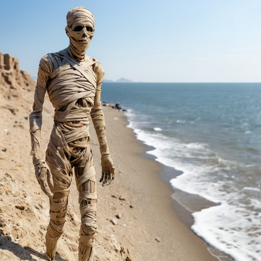 <lora:SDXL_mummy_Sa_May:1> mummy, a desiccated mummy slim man near the sea
