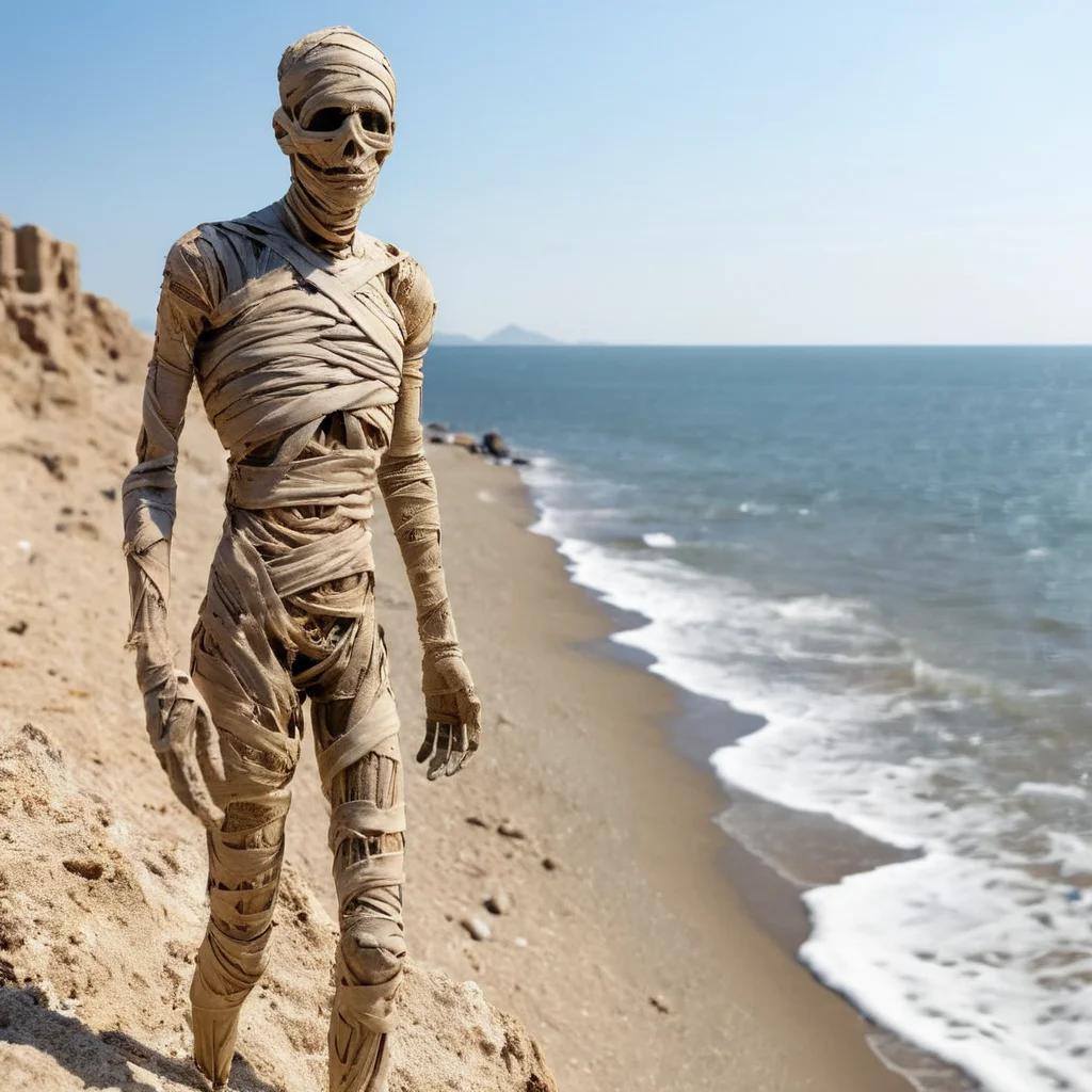 <lora:SDXL_mummy_Sa_May:1> mummy, a desiccated mummy slim man near the sea