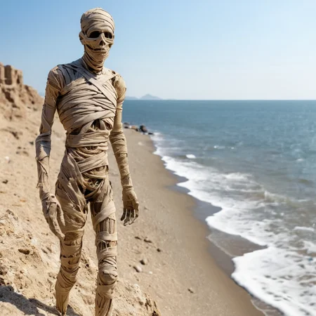 <lora:SDXL_mummy_Sa_May:1> mummy, a desiccated mummy slim man near the sea