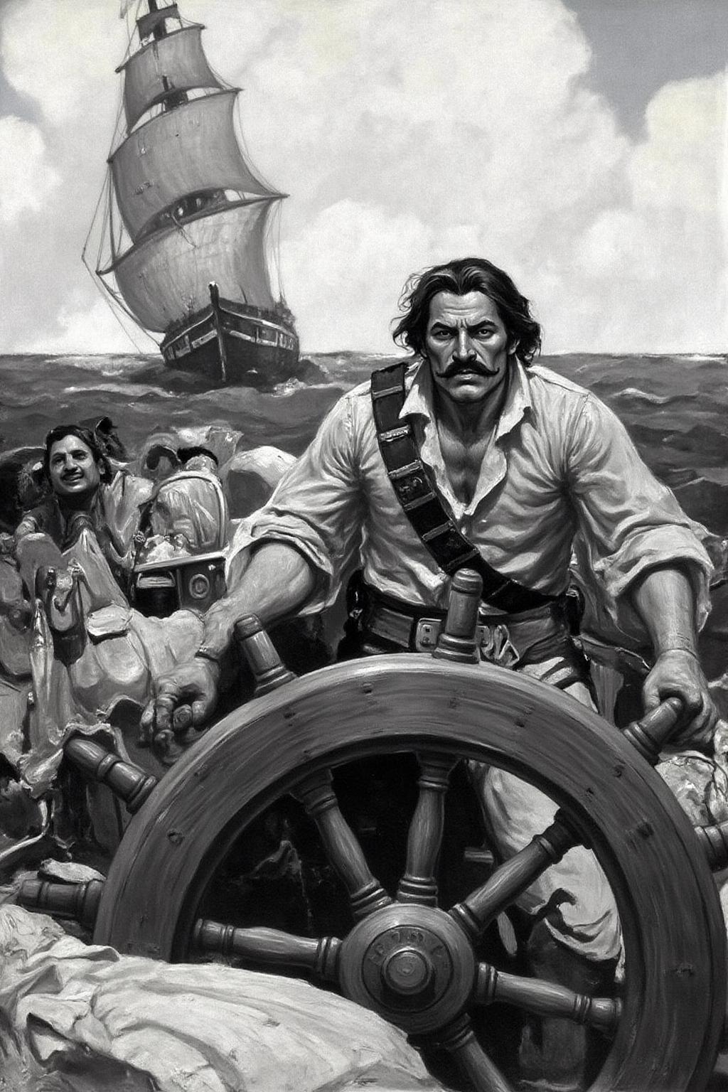 schoonover1 illustration. 
A pirate stands at the wheel of a wooden sailing ship, gripping it tightly with both hands. He is a ruggedly built man with a prominent mustache, leaning forward with a tense posture, his eyes locked on the horizon. ther is ship with full sail in the background. <lora:schoonover1_cap_d6a3e11:1.0><lora:831467490824680592:0>