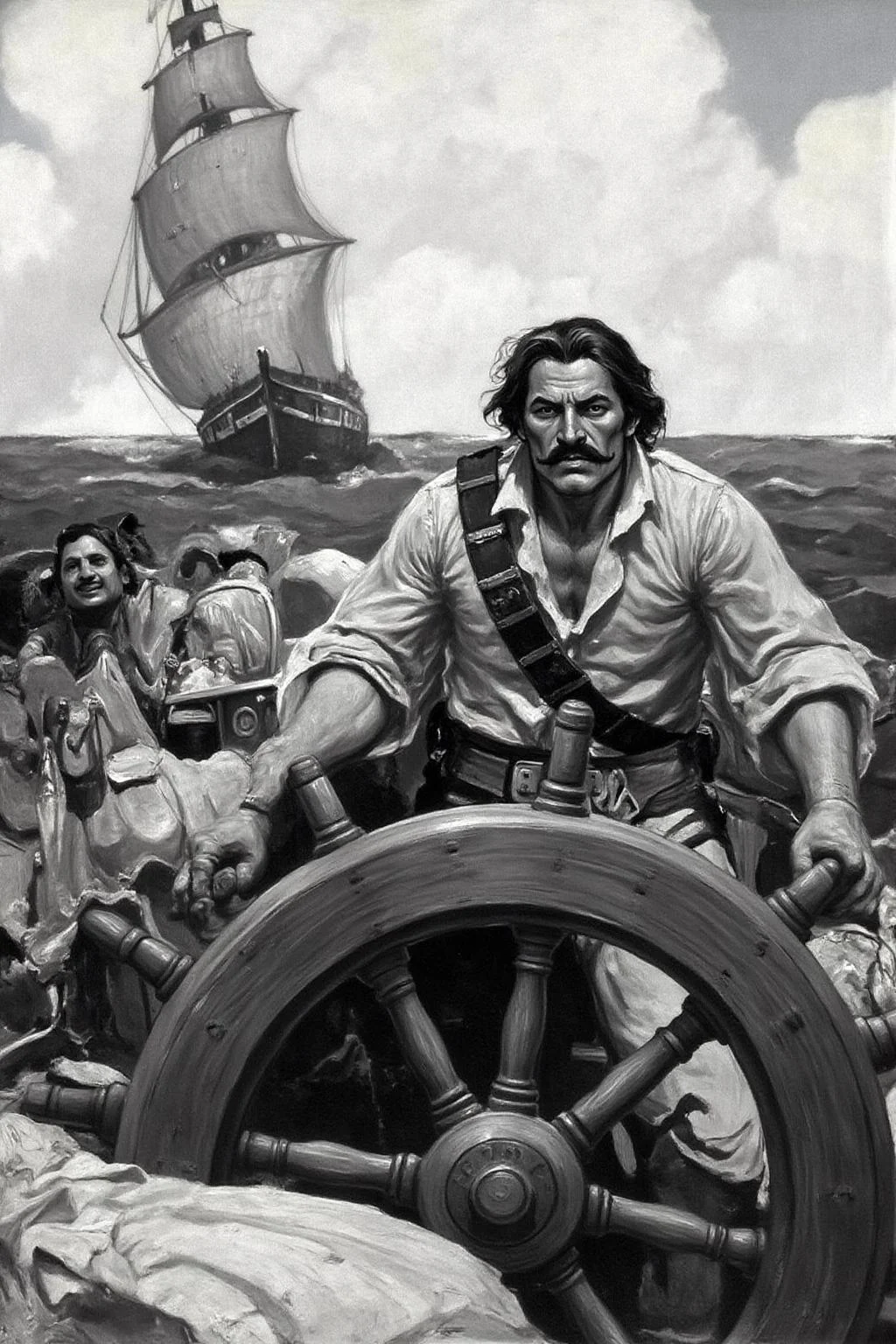 schoonover1 illustration.
A pirate stands at the wheel of a wooden sailing ship, gripping it tightly with both hands. He is a ruggedly built man with a prominent mustache, leaning forward with a tense posture, his eyes locked on the horizon. ther is ship with full sail in the background. <lora:schoonover1_cap_d6a3e11:1.0><lora:831467490824680592:0>