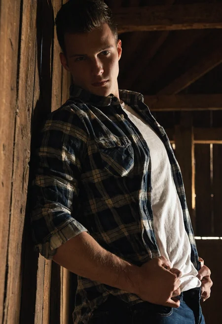 mdjperson <lora:mdj_sdxl_v1-000008:0.8> posing confidently against a wall in a rustic barn, direct gaze, beams of light filtering through wooden slats, wearing an open plaid flannel shirt over a fitted white tee, dark jeans, warm natural lighting, moody shadows, cinematic vibe, shallow depth of field, shot on DSLR, sharp focus, realistic textures, editorial photo style