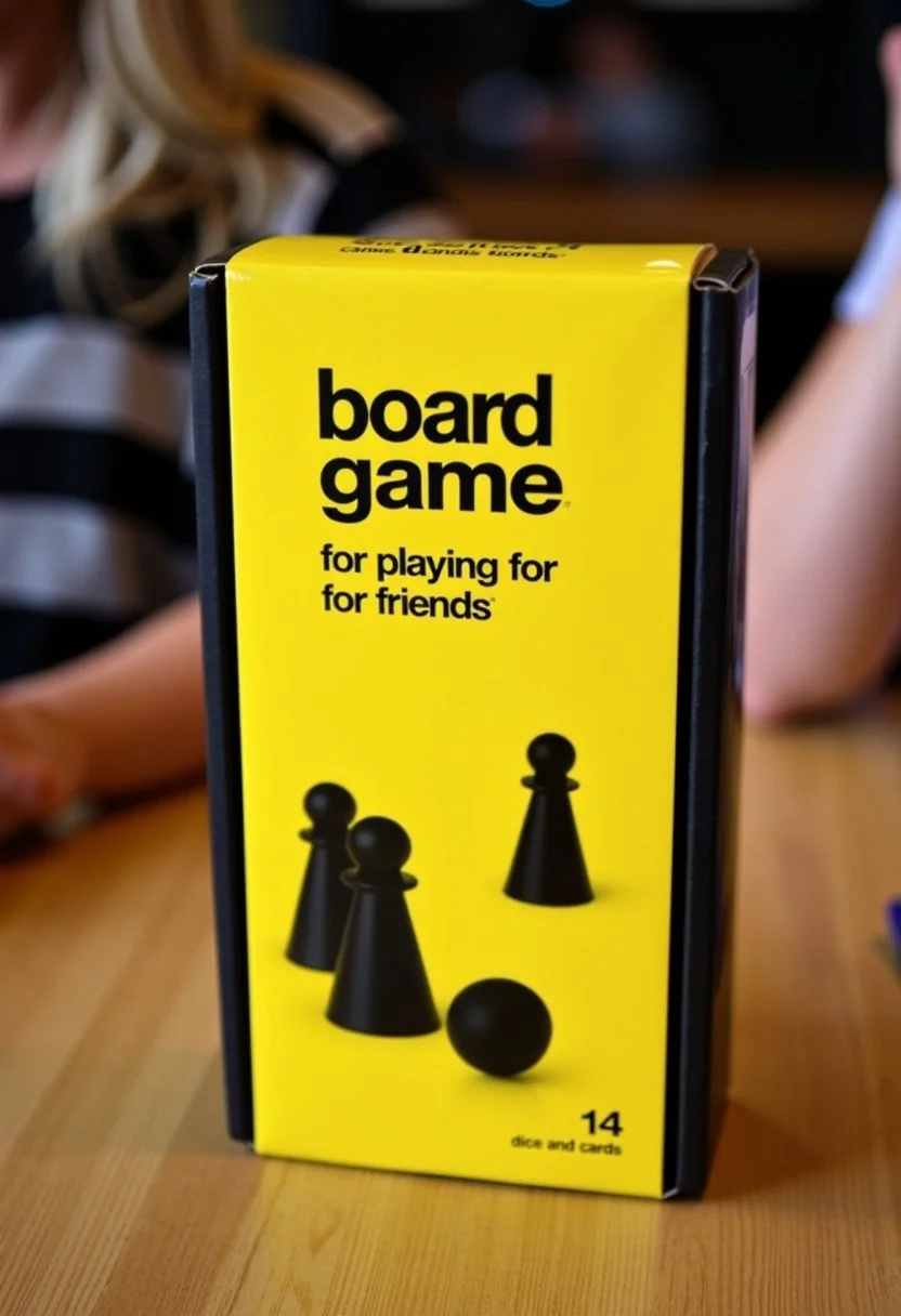 This is a photograph of a packaging box for a board game. The box is rectangular with a bright yellow background and a black border, displaying a minimalist design with the silhouette of board game pieces on the box. The front of the box features prominent black bold text "board game". Below this, in smaller text, it reads "for playing with friends" in black. The dimensions are specified as "dice and cards" and the text "1-4 players" is printed at the bottom right corner. The box is sitting on a table in a board game cafe.