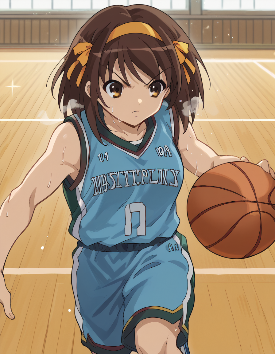 score_9, score_8_up, score_7_up, source_anime, <lora:haruhi-suzumiya-s1-ponyxl-lora-nochekaiser:1>, haruhi suzumiya, short hair, brown hair, brown eyes, hairband, medium hair, ribbon, hair ribbon,, <lora:basketball-dribbling-ponyxl-lora-nochekaiser:1> basketball dribbling, dribbling (basketball), basketball, basketball (object), basketball court, playing sports, ball, sweat, steam, running,, <lora:basketball-uniform-ponyxl-lora-nochekaiser:1> basketball uniform, basketball jersery, sportswear, jersey, shorts, sleeveless,, cowboy shot,
