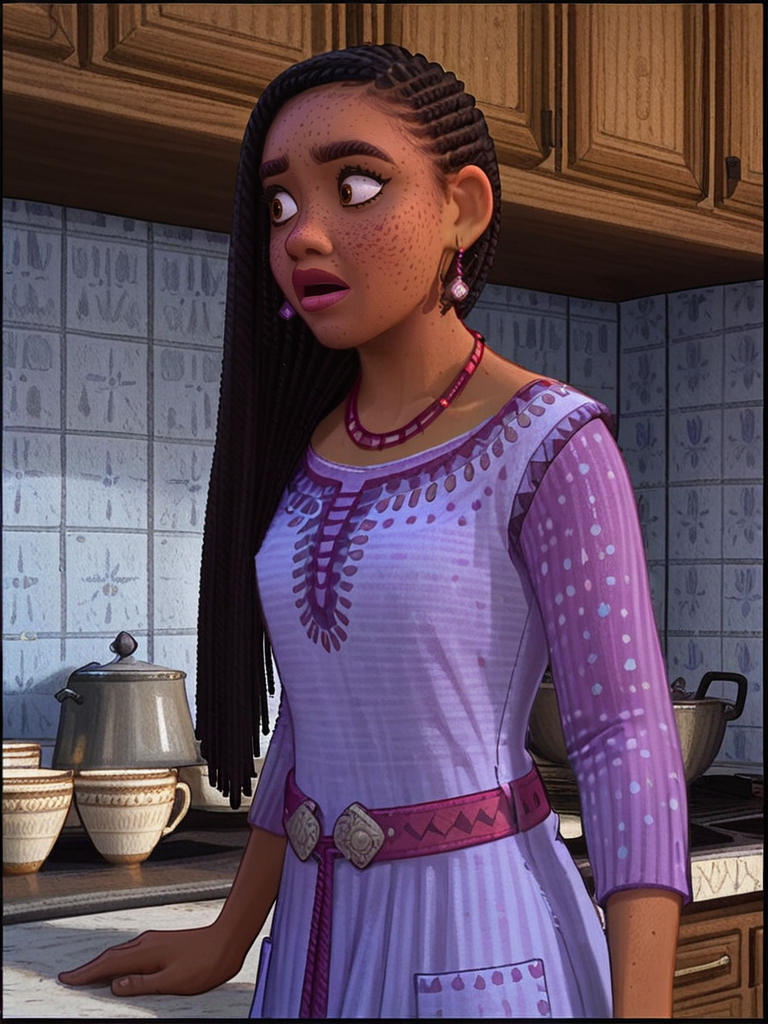 asha, A woman with long black hair stands in a kitchen, looking surprised, 1girl, solo, long hair, looking at viewer, blush, , brown eyes, jewelry, upper body, earrings, parted lips, belt, indoors, necklace around neck, cup, purple dress, long sleeves,   
<lora:princess_rc_il:0.9>