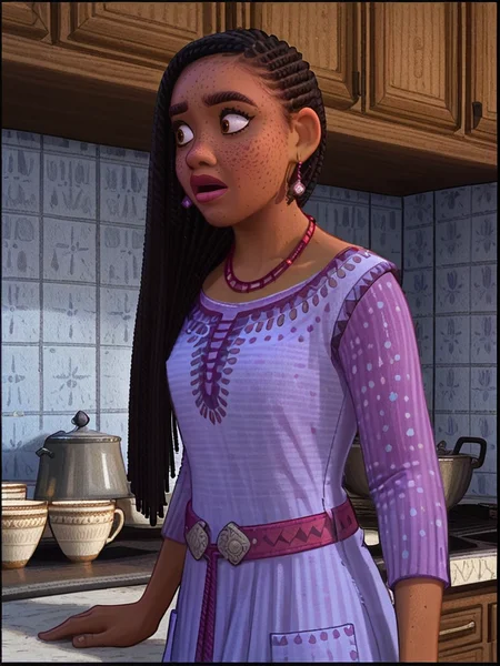 asha, A woman with long black hair stands in a kitchen, looking surprised, 1girl, solo, long hair, looking at viewer, blush, , brown eyes, jewelry, upper body, earrings, parted lips, belt, indoors, necklace around neck, cup, purple dress, long sleeves,   
<lora:princess_rc_il:0.9>