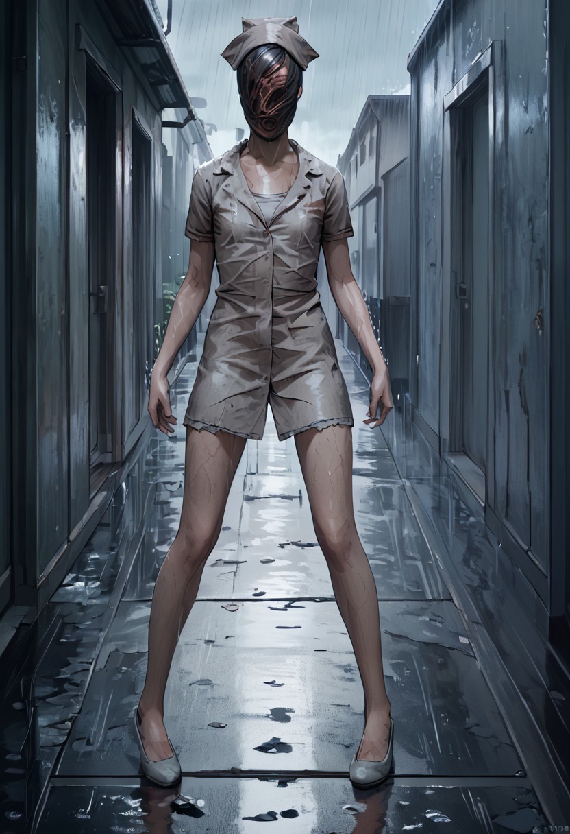 score_9, score_8_up, score_7_up, thai girl, In the mysterious New England town of Silent Hill faceless Nurse a woman with a wound on her head,, (medium chest:0.5), dark hair, indoor, denim short, ted cap, glasses, full body, foreskin, front of hospital, hospital gateway, raining, dark clouds,