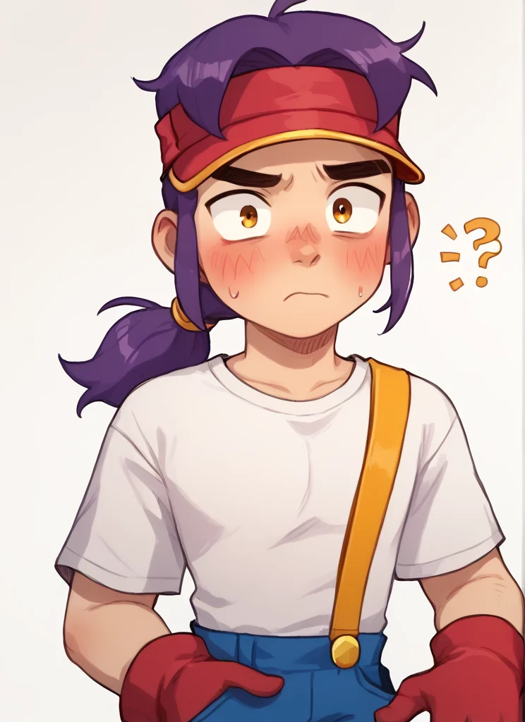 score_9, score_8_up, score_7_up, <lora:bsfang:1> , bsfng, ,1boy, purple hair, low ponytail, white shirt, red visor cap, red gloves, suspenders, blue pants, , <lora:PossumMachine:1>posmach , confused, blush, nervous, looking at viewer, solo , ???