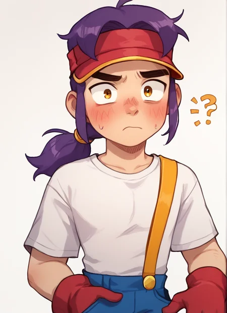 score_9, score_8_up, score_7_up, <lora:bsfang:1> , bsfng, ,1boy, purple hair, low ponytail, white shirt, red visor cap, red gloves, suspenders, blue pants, , <lora:PossumMachine:1>posmach , confused, blush, nervous, looking at viewer, solo , ???