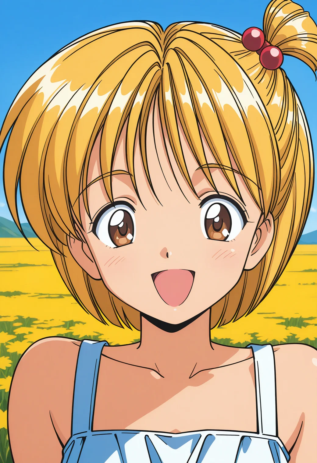 aitoma_forty, brown eyes, blonde hair, short hair, one side up, hair bobbles, sundress, <lora:aitoma_forty_illustrious_ver1:0.8>
smile, open mouth,, masterpiece, best quality, general,, 1girl, solo, (field:1.2), (blue sky:1.2), looking at viewer,, (upper body:1.2), (close-up:1.2), (facing viewer:1.2), (open eyes:1.4), (portrait:1.2)