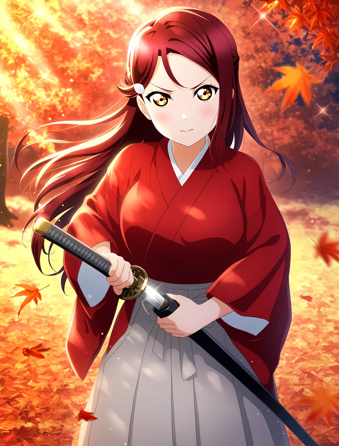 <lora:Koto-Umi-Riko-Shizu-Setsu-LLAS-NoobAIXLV10-V1:1> <lora:sdxl-boldline:-1.5>
(llas:1.4), (masterpiece, very aesthetic, absurdres, very awa:1.4), highres, best quality, newest, perfect anatomy, perfect lighting, anime coloring BREAK
sparkle, light particles, light rays, rim lighting, depth of field, blurry background BREAK
1girl, solo, looking at viewer, cowboy shot BREAK
sakurauchi riko, (himura kenshin cosplay:1.2), (red hakama top, grey hakama skirt:0.8), katana, unsheathing, (battoujutsu stance:1.3) BREAK
big pupils, (detailed eyes:1.2), large breasts, serious, v-shaped eyebrows BREAK
outdoors, night, (nature, scenery), (red theme), maple leaf, falling leaves, autumn leavesâââ
