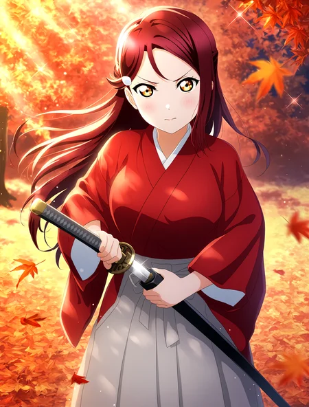 <lora:Koto-Umi-Riko-Shizu-Setsu-LLAS-NoobAIXLV10-V1:1> <lora:sdxl-boldline:-1.5>
(llas:1.4), (masterpiece, very aesthetic, absurdres, very awa:1.4), highres, best quality, newest, perfect anatomy, perfect lighting, anime coloring BREAK
sparkle, light particles, light rays, rim lighting, depth of field, blurry background BREAK
1girl, solo, looking at viewer, cowboy shot BREAK
sakurauchi riko, (himura kenshin cosplay:1.2), (red hakama top, grey hakama skirt:0.8), katana, unsheathing, (battoujutsu stance:1.3) BREAK
big pupils, (detailed eyes:1.2), large breasts, serious, v-shaped eyebrows BREAK
outdoors, night, (nature, scenery), (red theme), maple leaf, falling leaves, autumn leavesâââ