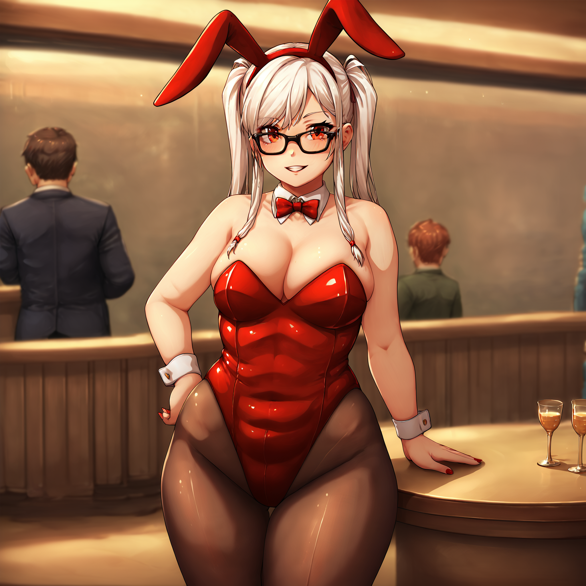 (masterpiece), best quality, (highly detailed), score_9, score_8_up, score_7_up, score_6_up, score_5_up, 1female, <lora:Miramiraclerun_style:0.8>, bunnygirl, glasses, red leotard, pantyhose, white_hair, pigtails, nightclub, red eyes, skinny, standing,