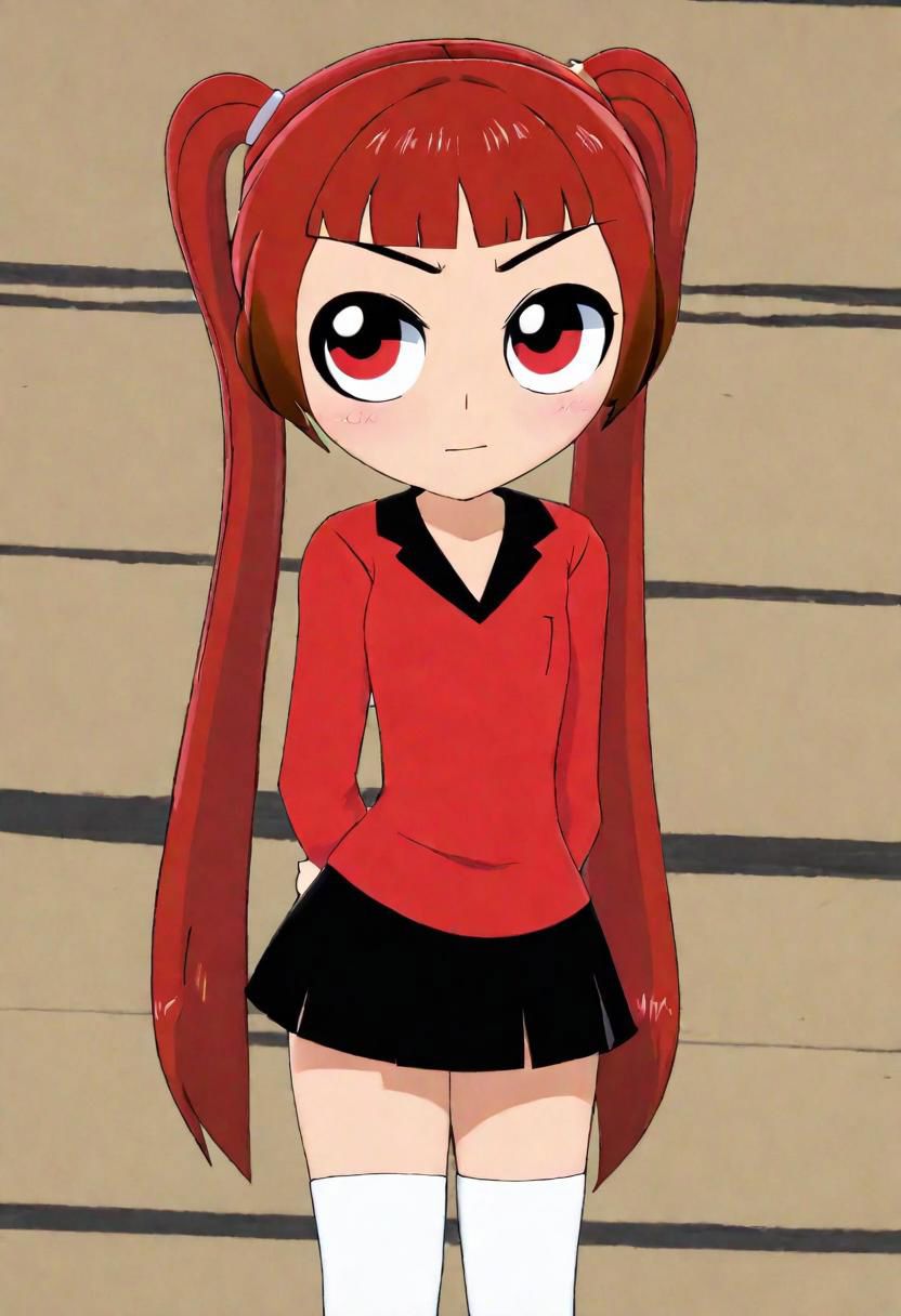 masterpiece, best quality, a girl, ppg, powerpuff girl style, ami arakawa,red eyes,red shirt, long hair, hands in front