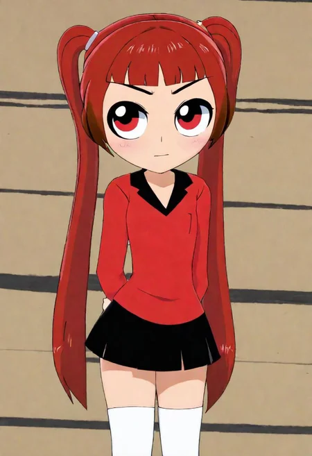 masterpiece, best quality, a girl, ppg, powerpuff girl style, ami arakawa,red eyes,red shirt, long hair, hands in front