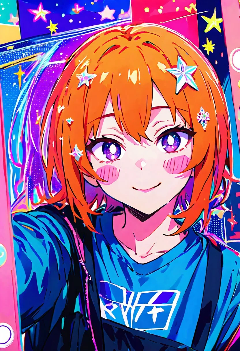 LOVELYWAIFU_ST, NTLANM_STL, detailed background,
1 girl, selfie, ginger hair, smile, glitter, gothic fashion, white and blue, glow, beautiful, detailed faces, pop background, geometric background, stickers, stickers, cute design, photo album style, decorated picture, soft rendering,eyes slightly darker than hair,white pupils,blush,glitter in hair,glitter on clothes and body,glossy,soft rendering in hair,blush,tiny stars In hair,
