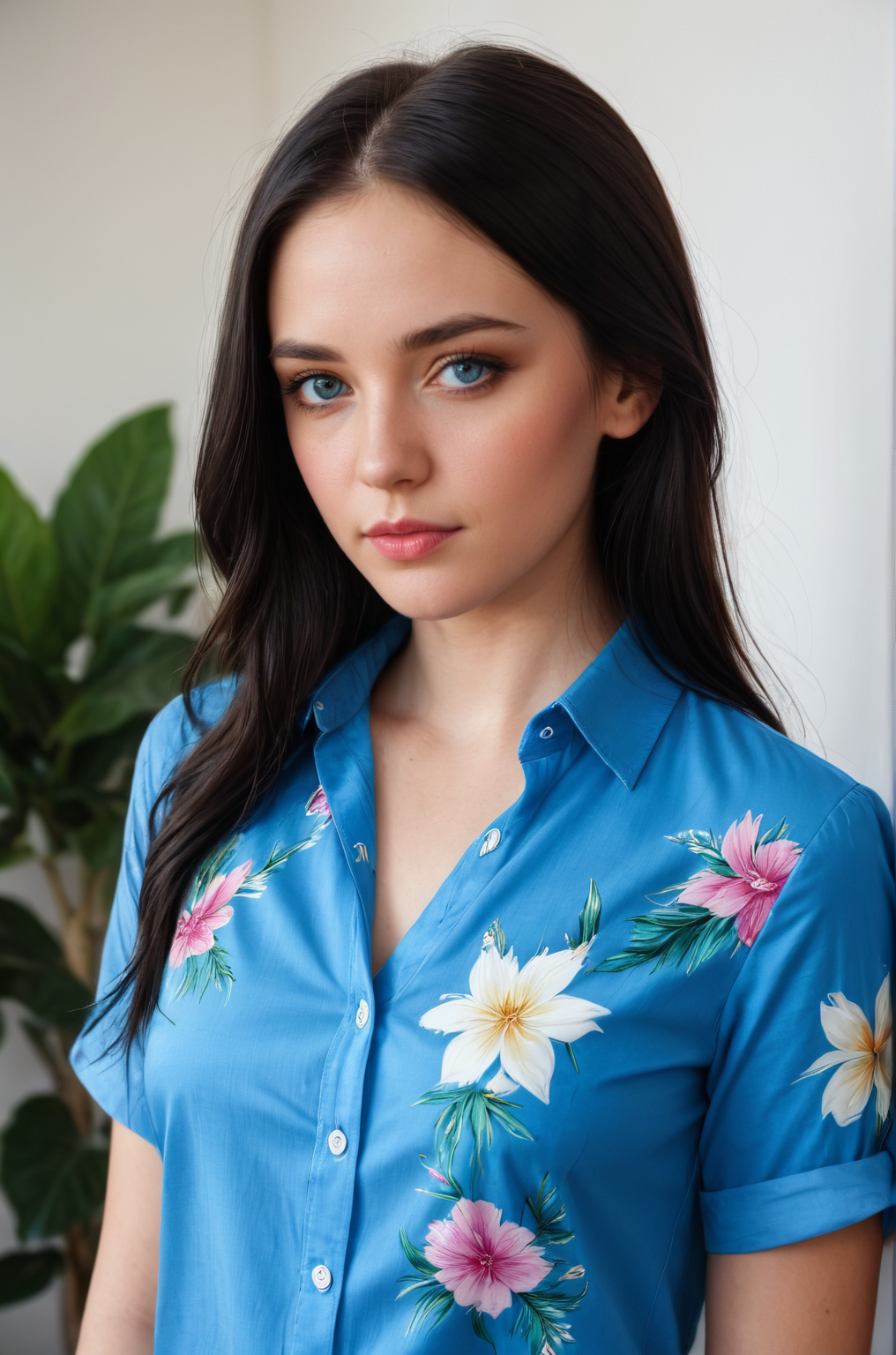breathtaking 1girl, black hair, blue eyes, blue shirt, floral print, lips, long hair, looking at viewer, nose, realistic, s4ndr4, shirt, shirt tucked in, solo, upper body, white shirt <lora:S4ndr4_mo6:1> S4ndr4  . award-winning, professional, highly detailed