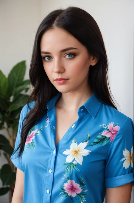 breathtaking 1girl, black hair, blue eyes, blue shirt, floral print, lips, long hair, looking at viewer, nose, realistic, s4ndr4, shirt, shirt tucked in, solo, upper body, white shirt <lora:S4ndr4_mo6:1> S4ndr4 . award-winning, professional, highly detailed