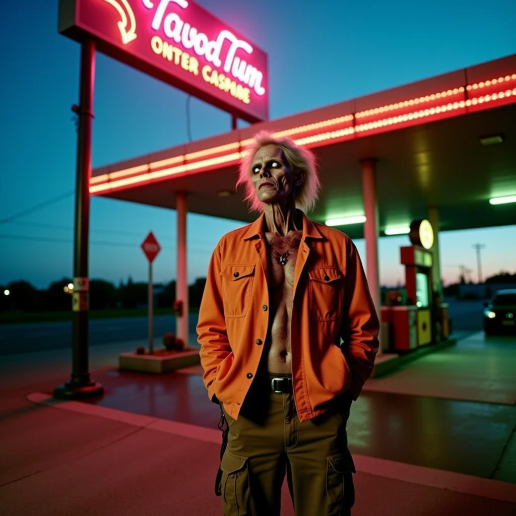 analog film photo Half-body portrait, overgrown highway gas station at dusk: A male zombie leans against a gas pump, wearing a faded orange jacket and cargo pants. One hand is jammed in his pocket; the other hangs loosely, fingers curled and dry. His jaw is misaligned slightly, but his face is expressionless, almost relaxed. His sclera eyes are completely white, (white eyes) with small scratches in the corneas. Shot with a Mamiya 7 and 80mm lens, film: CineStill 800T, with lighting from flickering gas station signs and a dying sunset behind the station canopy. Rusted signage glows in neon pink and green. His skin shows age—dehydrated lips, cracked eyebrows, shallow peeling on the forehead, one tear-shaped blood streak dried down the cheek. It's haunting—but poetic. <lora:undead denizens v2.2:1> . faded film, desaturated, 35mm photo, grainy, vignette, vintage, Kodachrome, Lomography, stained, highly detailed, found footage
