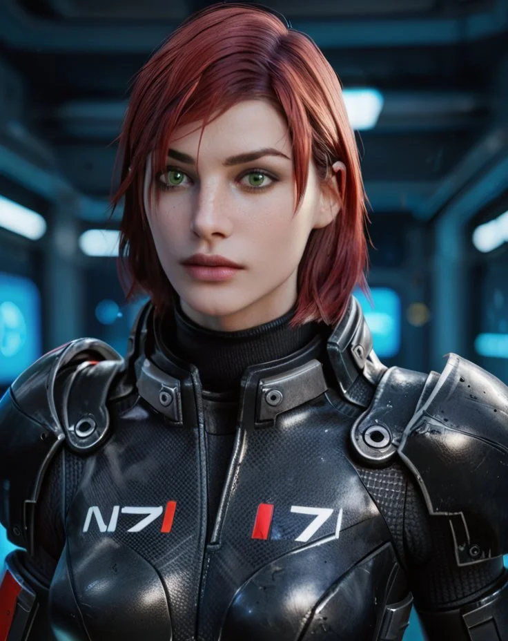 score_9, score_8_up, score_7_up,femshepxl,bodysuit,armor,N7,green eyes,red hair,standing, science fiction,facility,, <lora:femshepXL:0.8>, full height,