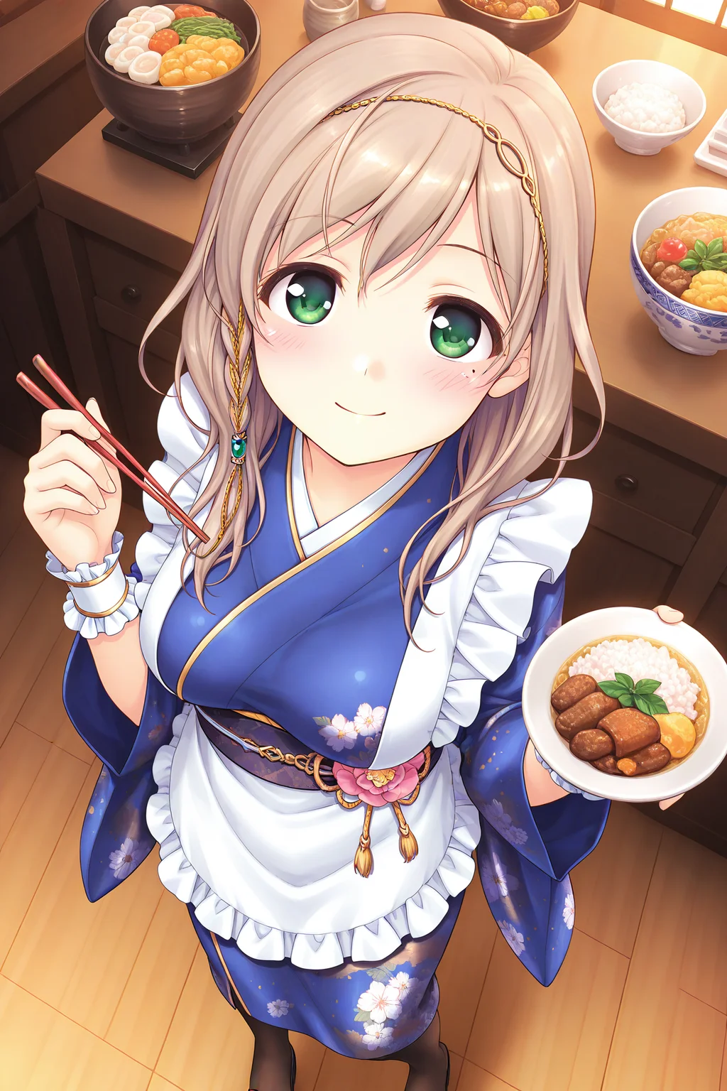 masterpiece, best quality, absurdres, official art, official style, rating general BREAK <lora:sarashinamutsumi_IL_v1-1:0.7>, sarashina mutsumi, 1girl, solo, green eyes, mole under eye, light brown hair, long hair, single braid, side braid, hair between eyes, swept bangs, head chain, gold trim, hair tubes, green gem, hair over shoulder, large breasts, medium breasts, shiny hair, smile, blush, japanese clothes, wa maid, blue kimono, short kimono, long sleeves, wide sleeves, wrist cuffs, print kimono, floral print, sash, obi, pink flower, waist flower, pink flower ornament, tassel, white apron, frilled apron, maid apron, waist apron, black pantyhose, brown pantyhose, closed mouth, holding chopsticks, standing, looking at another, dutch angle, from above, indoors, kitchen, table, wooden floor, bowl, plate, japanese food, chikuzenni