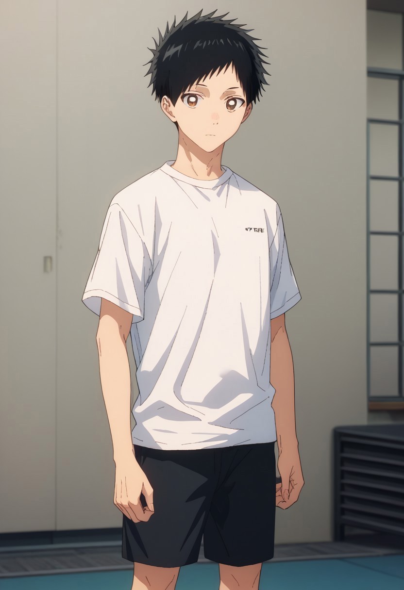 score_9, score_7_up, source_anime, 

taiki, 1boy, male focus, solo, brown eyes, black hair, short hair, shirt, white shirt, t-shirt, short sleeves, shorts, black shorts,
indoor