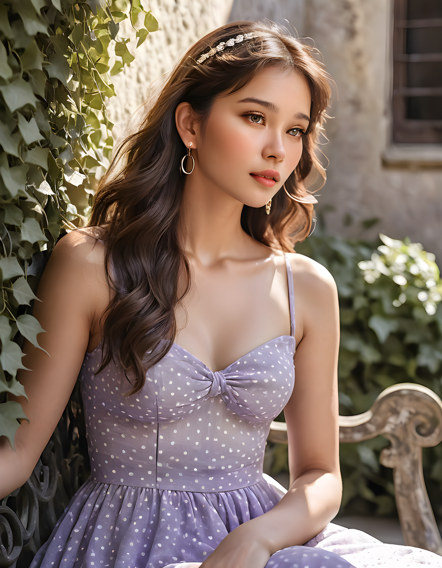 In a vibrant, sunlit courtyard adorned with blooming lavender and ivy-covered walls, K1MCW stands gracefully against a weathered, ivory-painted bench. Her long, rich brown hair cascades down her back in soft, wispy tendrils, framing her expressive face and captivating eyes. A delicate breeze gently ruffles the fabric of her flowing, navy blue dress with white polka dots, accentuating the subtle curve of her waist. She adorns herself with a pair of elegant, silver hoop earrings that catch the sunlight, shimmering like stars. Her lips are slightly parted in a thoughtful expression, as if lost in contemplation or deep thought. The camera captures her from a slight angle, emphasizing the softness of her features and the depth of her gaze. The background is somewhat blurred, focusing the viewer's attention solely on K1MCW and her enigmatic presence.