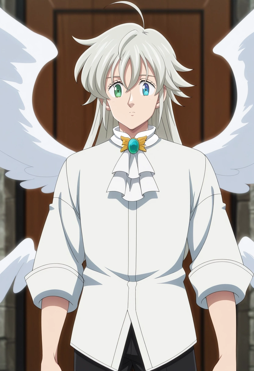 masterpiece, best quality, anime screencap, official style, anime coloring, cowboy shot, 1boy, solo, male focus, <lora:tristan_liones_ilxl:0.96>, tristan_liones, grey hair, green eyes, long hair, ahoge, white shirt, white ascot, heterochromia, blue eyes, white wings