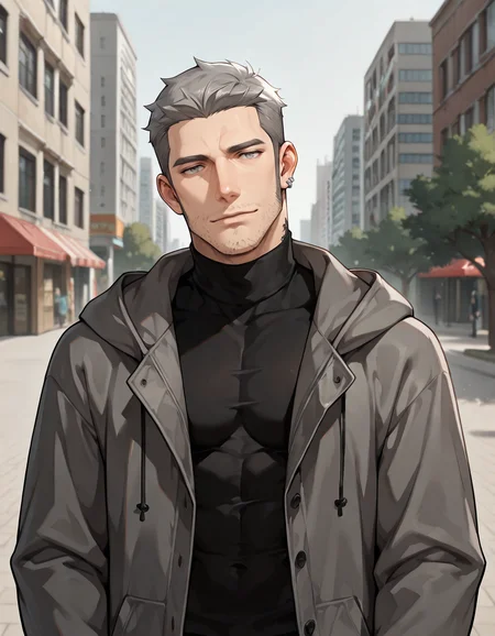 masterpiece, best quality, absurdres, newest, perfect quality, best quality, absolutely eye-catching, detailed background, intricate details, anime, male focus, solo, <lora:Persona 5 - Munehisa Iwai - Illustrious_1:0.7>, m_iwai, 1boy, mature male, grey hair, grey eyes, long sideburns, stubble, neck tattoo, earrings, grey long coat, black turtleneck, hood down, head tilt, come hither, looking at viewer, outdoors, city, trees, upper body, standing