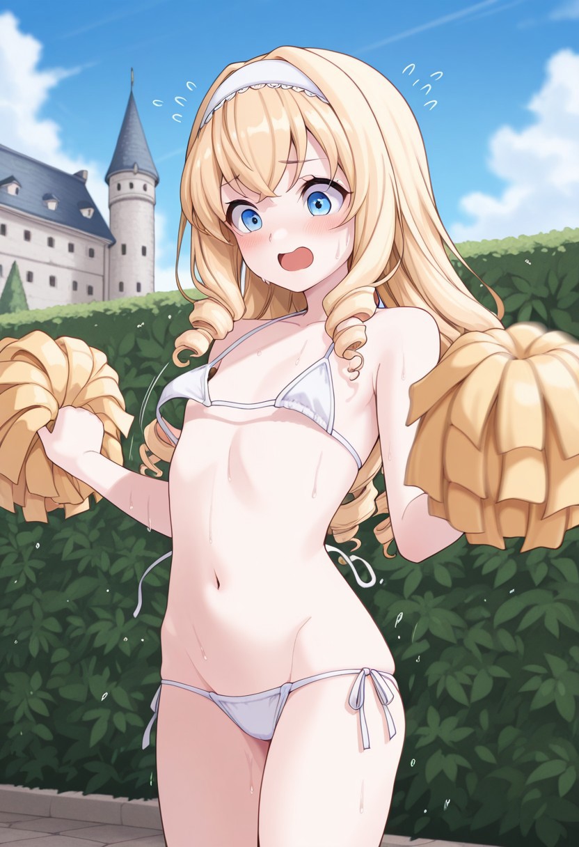 masterpiece,best quality,amazing quality, cotori_yuu, 1girl, solo, drill hair, blonde hair, blue eyes, flat chest, white bikini, white hairband, side-tie, wardrobe malfunction, cheerleading, pom poms, holding pom poms, motion blur:1.1, bouncing breasts, navel, lowleg, petite,
happy, mouth open, blush, sweat drops, castle, hedges,