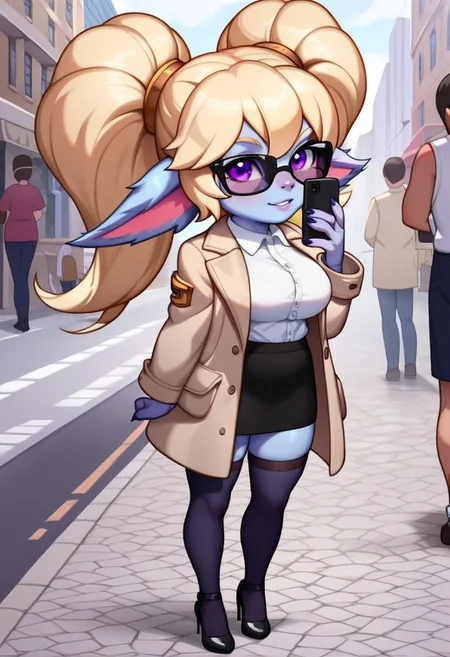 score_9,score_8_up,score_7_up,detailed eyes, beautiful, detailed background, perfect eyes,source_anime, very aesthetic, anime screencap, anime coloring,source_furry,
1girl,Poppy,lol,yordle,colored skin,blue skin,large breasts,large thighhighs,fluffy ears,blonde hair,twintails,purple eyes,
 Long black heels, black skirt,white shirt,beige coat,sunglasses,phone in hand,
street,