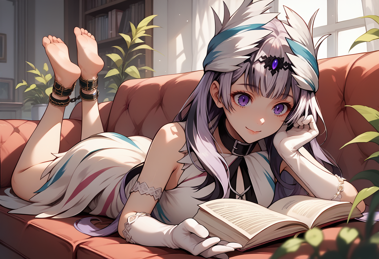 score_9, score_8_up, score_7_up, source_anime, 1girl, on stomach, happy, smile, closed mouth, reading, open book, arm support, head on hands BREAK <lora:VeyleFE-pdxl:1> defVeyl, purple eyes, long hair, multicolored hair, feather hair ornament, choker, white elbow gloves, feather dress, sleeveless, ankle cuffs, barefoot, indoors, couch