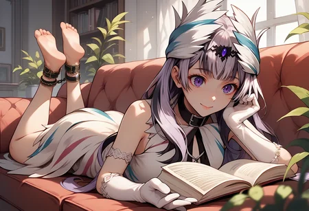 score_9, score_8_up, score_7_up, source_anime, 1girl, on stomach, happy, smile, closed mouth, reading, open book, arm support, head on hands BREAK <lora:VeyleFE-pdxl:1> defVeyl, purple eyes, long hair, multicolored hair, feather hair ornament, choker, white elbow gloves, feather dress, sleeveless, ankle cuffs, barefoot, indoors, couch