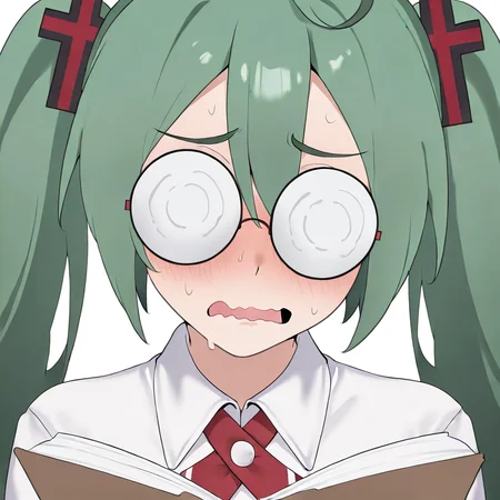 <lora:fujoshimiku-il:1>, fujoshimiku, fujoshimiku, green hair, twintails, opaque glasses, coke-bottle glasses, white shirt, red ribbon, portrait, surprised, embarrassed, 1girl, solo, reading, <lora:daroon5IL:0.9>, daroon5,, masterpiece,best quality,absurdres,highres,