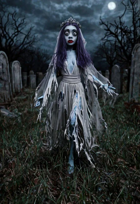 The Corpse Bride walking through a cemetery on a moonlit night. Torn wedding dress dress, Light-blue skin, big eyes, full red lips, tiny nose, blue mascara, long purple hair, haunted, looking at camera. TimBurtonCinema, GhostlyStyle