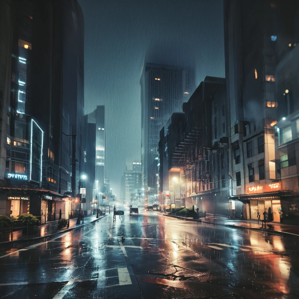 a cityscape at night in the rain<lora:pouring_rain_XL:1>