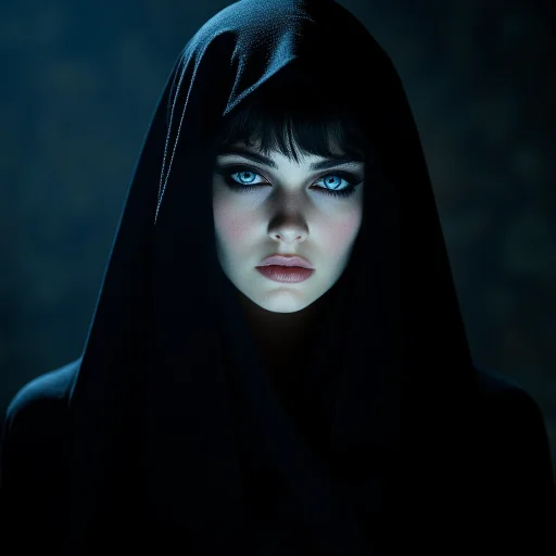 Mystic Vogue 80s Occult Pop, The image is a close-up portrait of a woman's face. She is wearing a black hooded cloak that covers her head and shoulders. The cloak is draped over her head covering her entire face. The woman's eyes are a piercing blue color and her lips are a soft pink. The background is dark making the woman's features stand out even more. The image has a dramatic and dreamlike quality with the light shining through the cloak creating a dramatic effect. The overall mood of the image is mysterious and ethereal., 1girl, solo, blue eyes, lips, black hair, hood, looking at viewer, nose, eyelashes, portrait